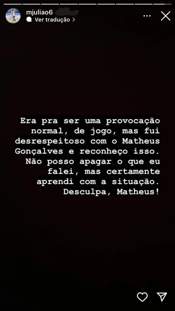 Matheus Julião (Vasco) se desculpa com Matheus Gonçalves (Flamengo) após provocação. Foto: Reprodução/Instagram