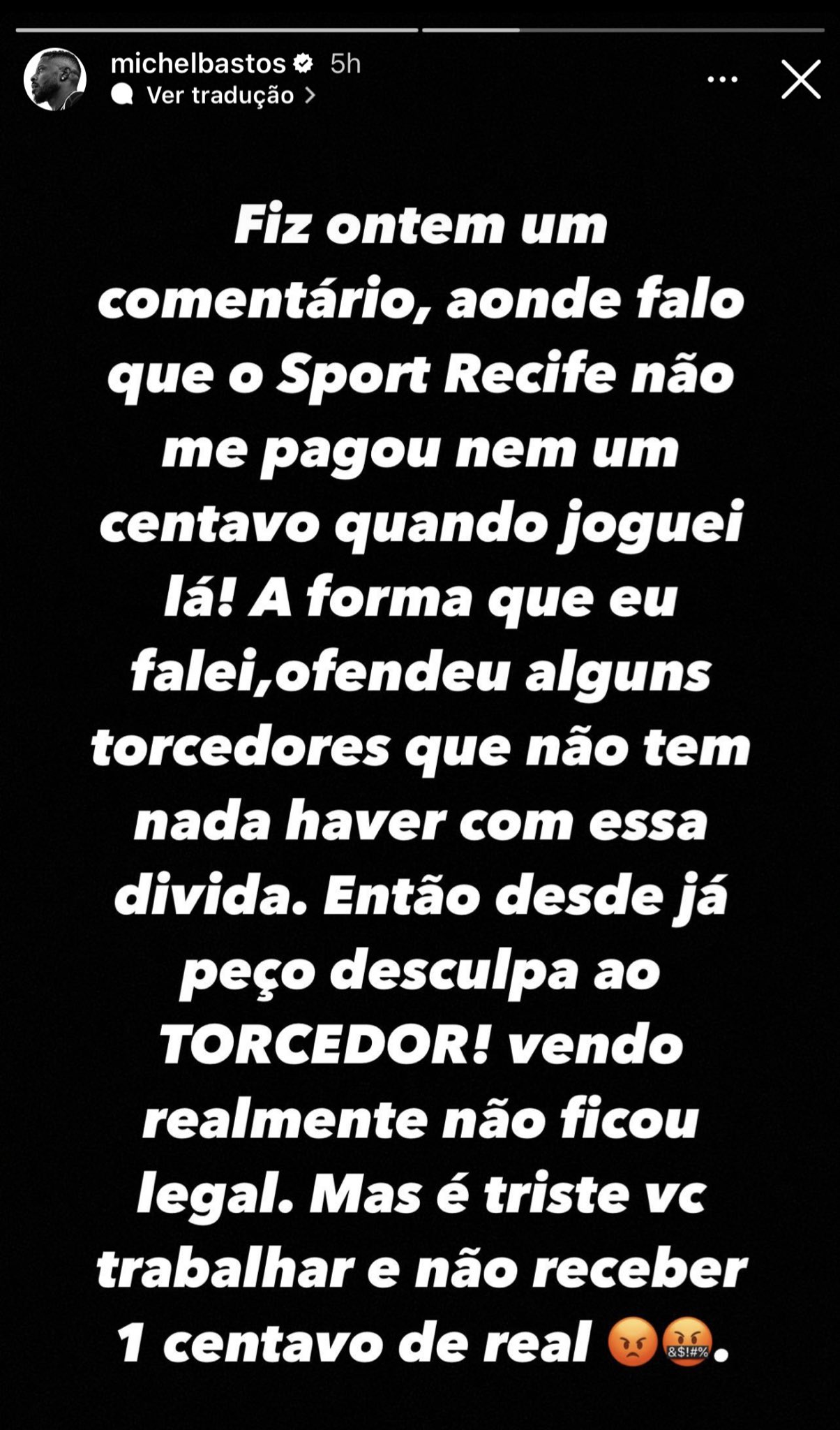 Michel Bastos se desculpa com torcida após ironizar canto do Sport. Foto: Reprodução/Instagram