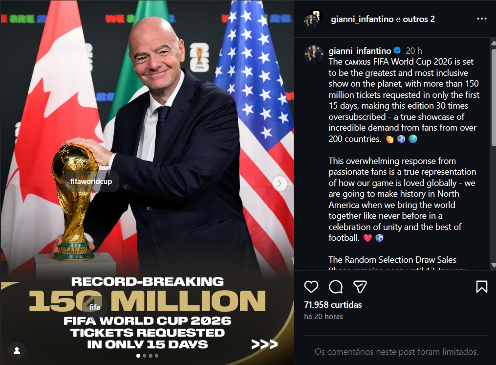 Fifa anuncia que já superou a marca de 150 milhões de ingressos vendidos para a Copa do Mundo 2026