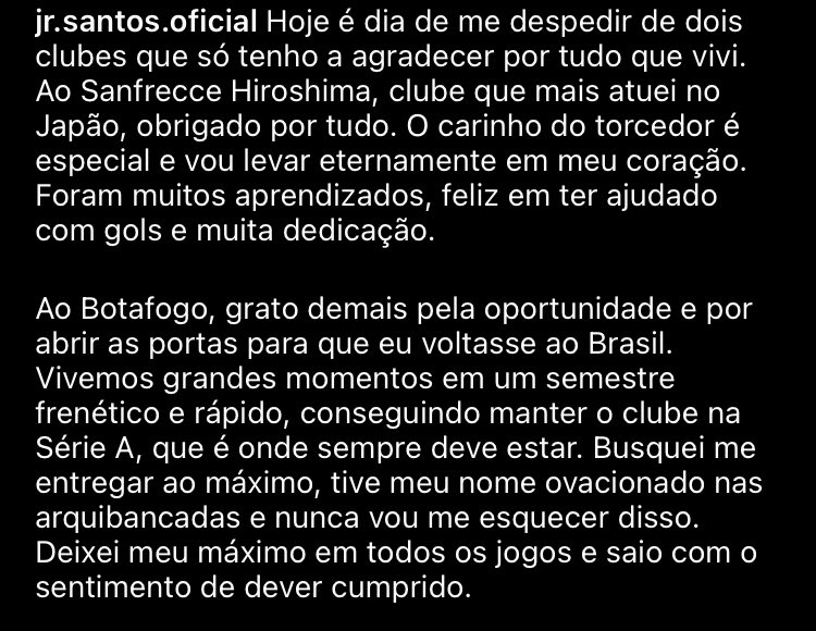 Júnior Santos se despede do Botafogo: "Sentimento de dever cumprido"
