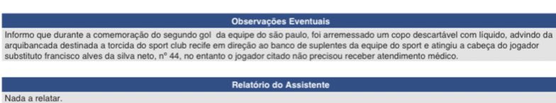 Trecho da súmula da partida entre Sport e São Paulo. Foto: Reprodução/CBF