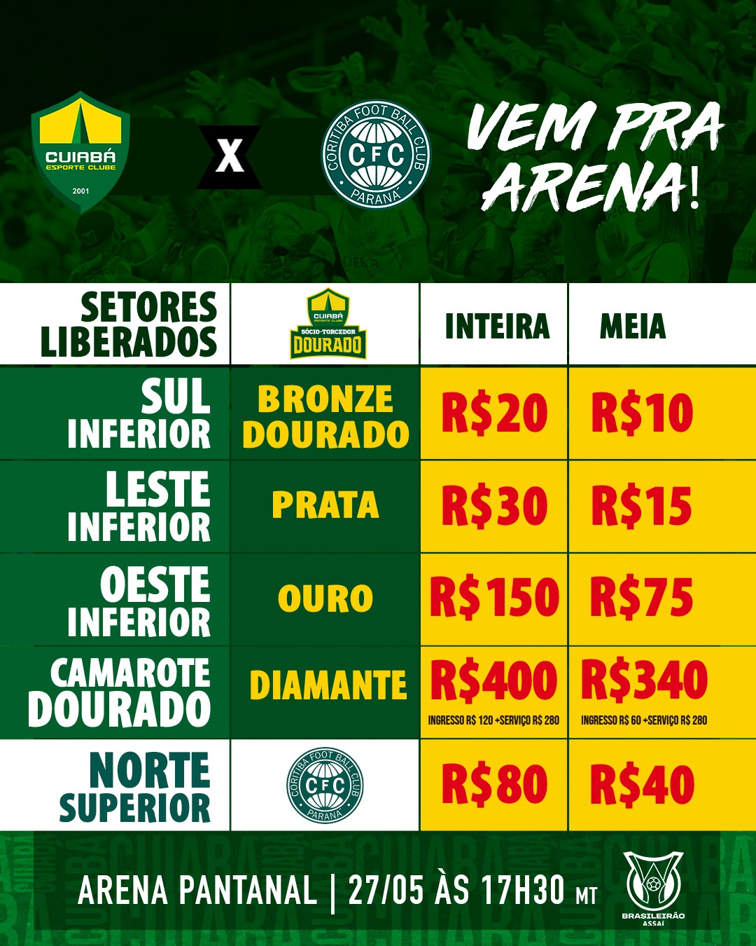 Valores de ingressos para Cuiabá x Coritiba. Foto: Reprodução/Cuiabá EC