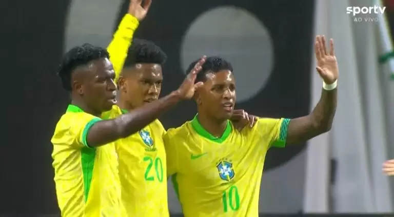 Vini Jr, Estevão e Rodrygo pela Seleção Brasileira 2025