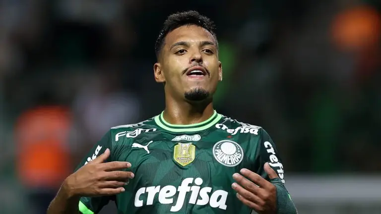 O jogador Gabriel Menino, da SE Palmeiras, comemora seu gol contra a equipe da A Ferroviária E, durante partida válida pela décima primeira rodada,