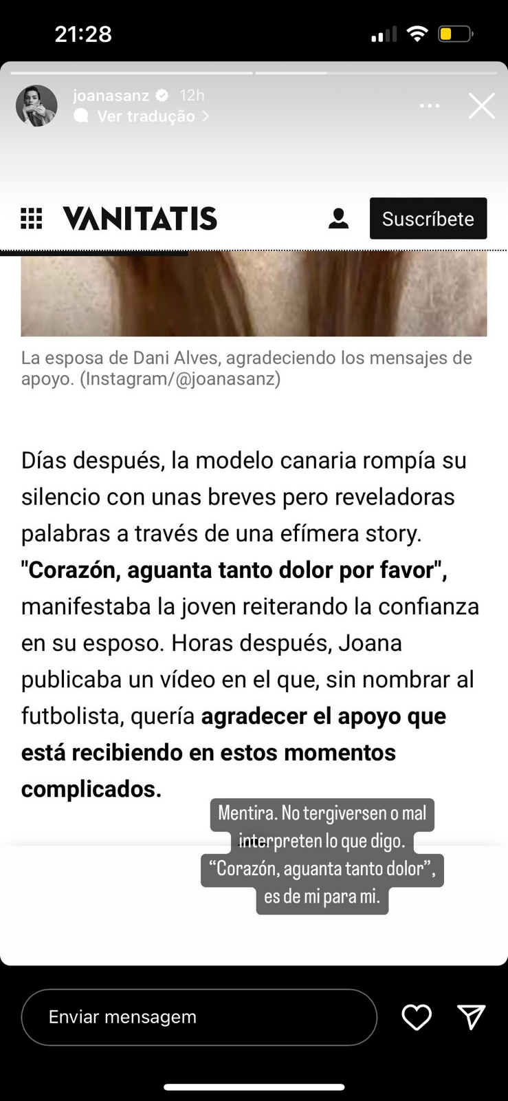 Joana Sanz se manifesta sobre matéria de jornal espanhol afirmando que mensagem teria sido para Daniel Alves. Foto: Reprodução/Instagram
