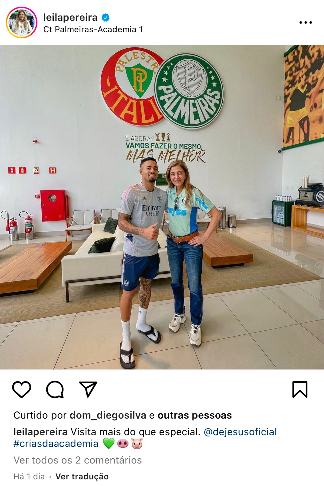 Presidente do Palmeiras, Leila Pereira, postou foto com Gabriel Jesus durante a visita. Foto: Reprodução/Instagram