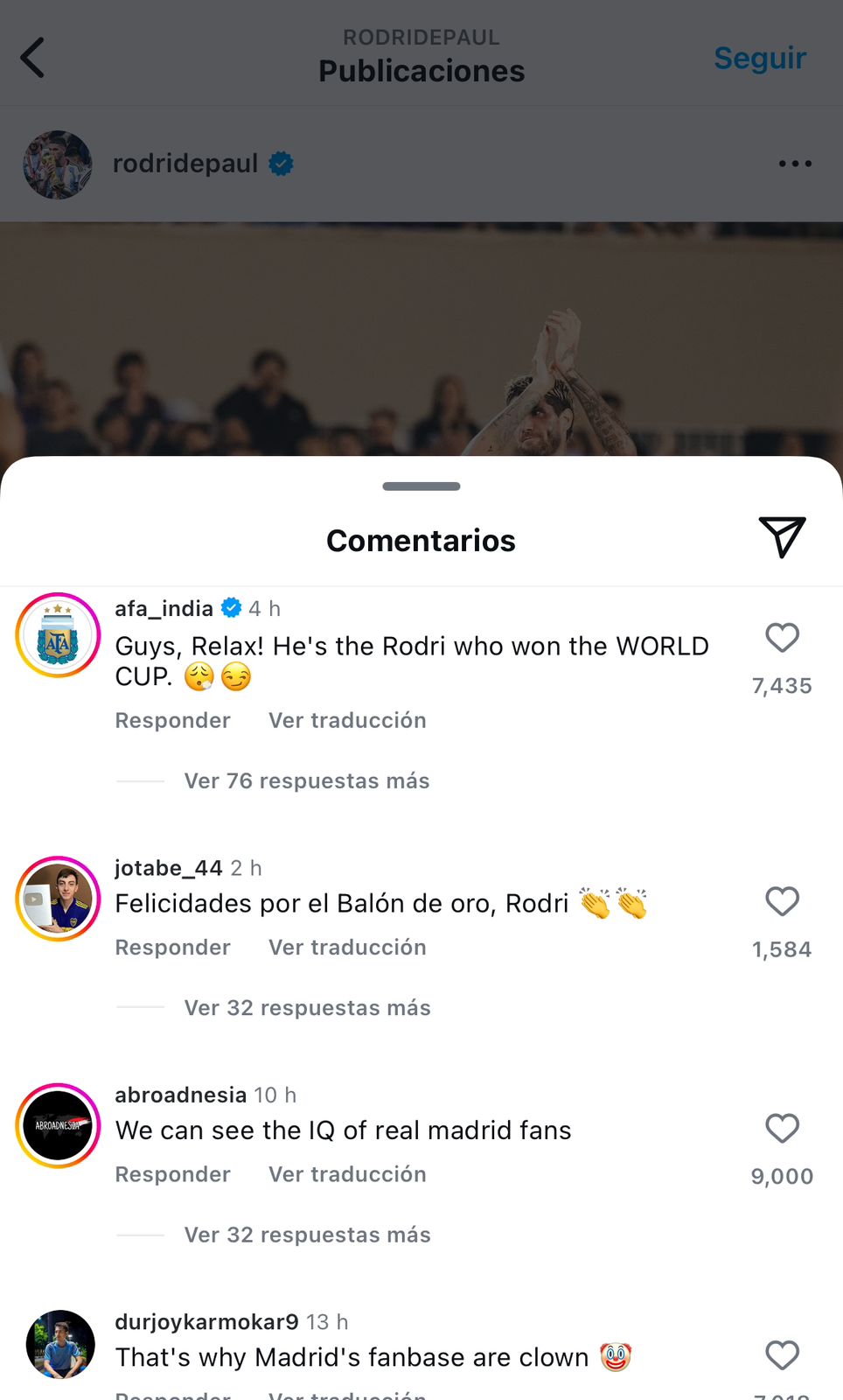 Torcedores confundem Rodri e comentam em perfil de De Paul após Bola de Ouro. Foto: Reprodução/Instagram