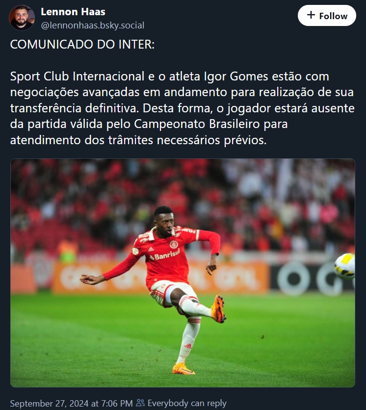 Inter em negociações avançadas para venda de Igor Gomes