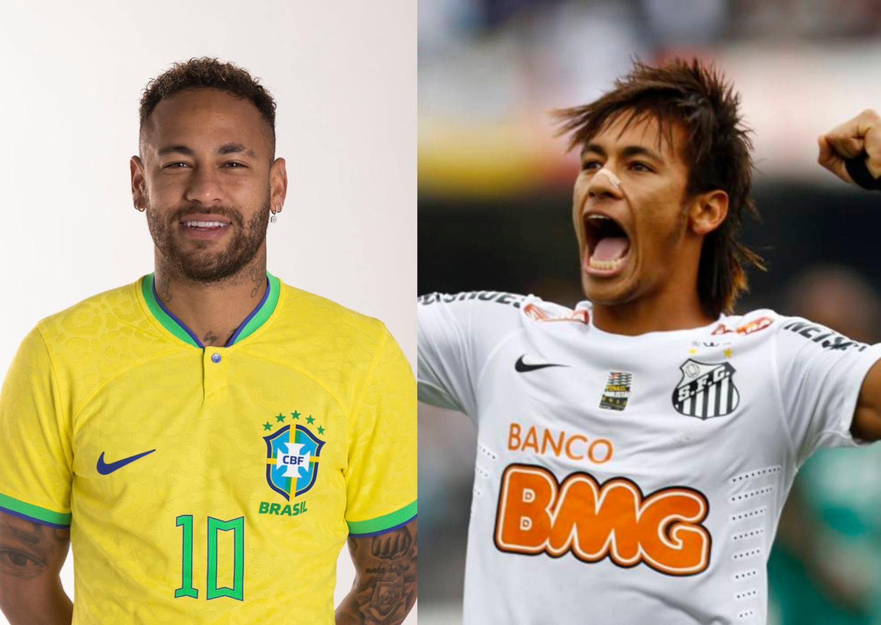 Neymar estreou profissionalmente no Santos. Fotos: Lucas Figueiredo/CBF e Ricardo Saibun/Santos