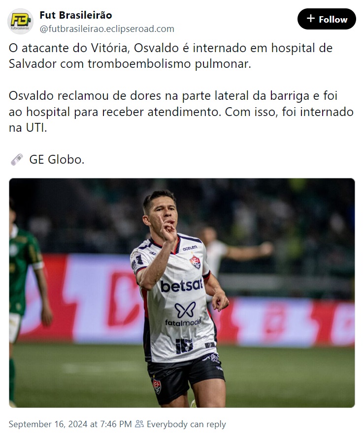 Osvaldo foi internado por tromboembolismo pulmonar