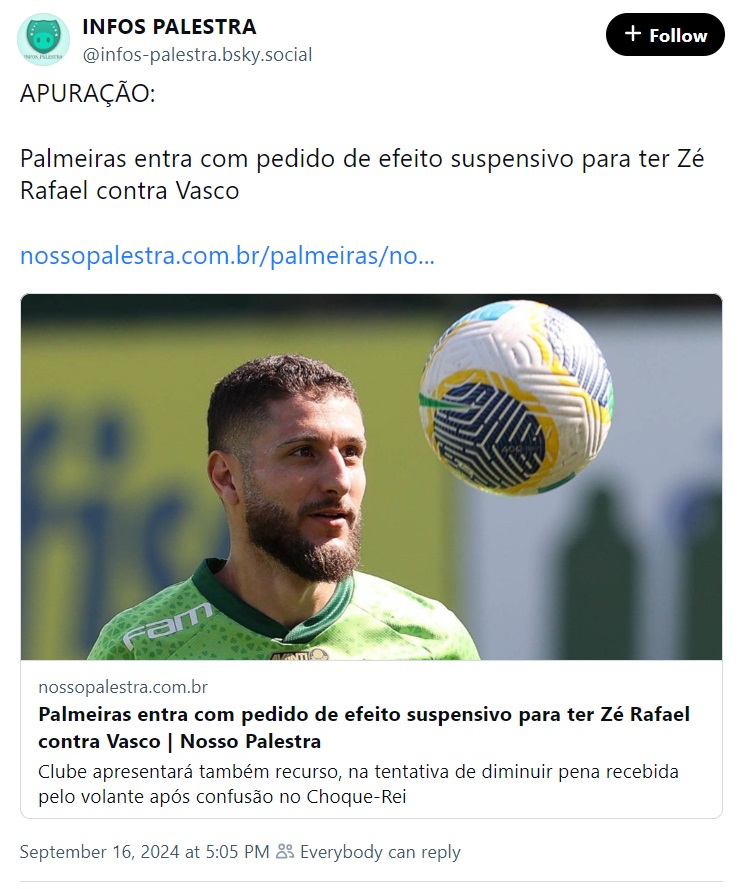 Palmeiras entra com pedido de efeito suspensivo para ter Zé Rafael contra Vasco