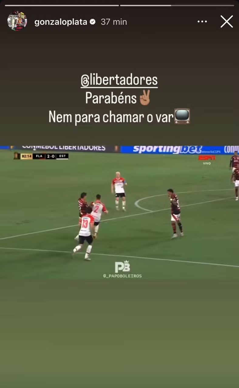 Postagem de Plata nas redes sociais