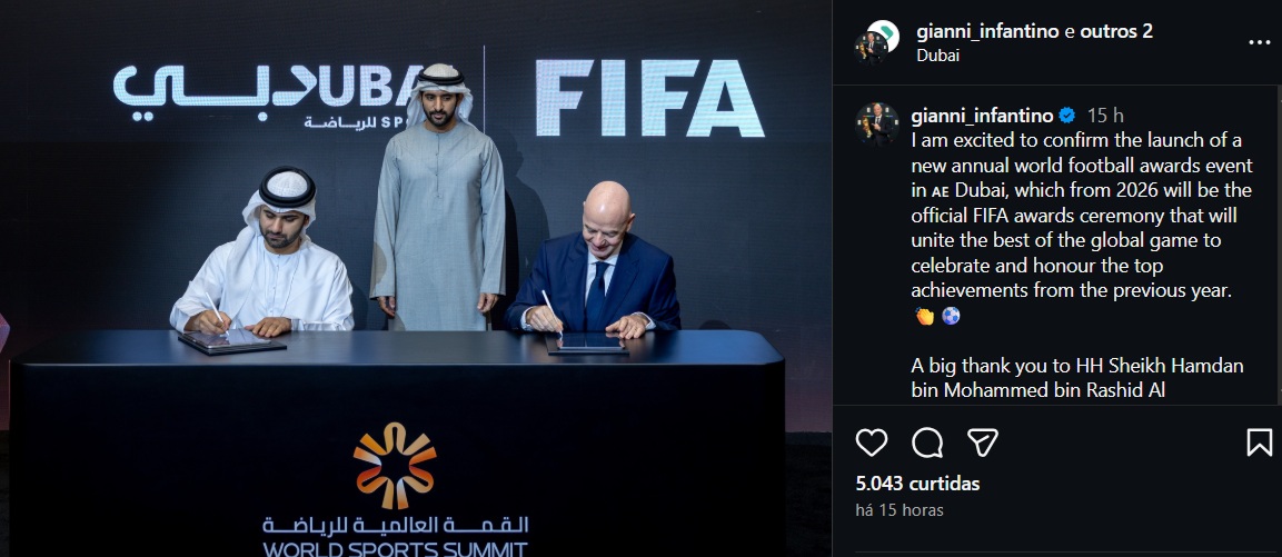 Presidente da Fifa anuncia novo prêmio a partir de 2026