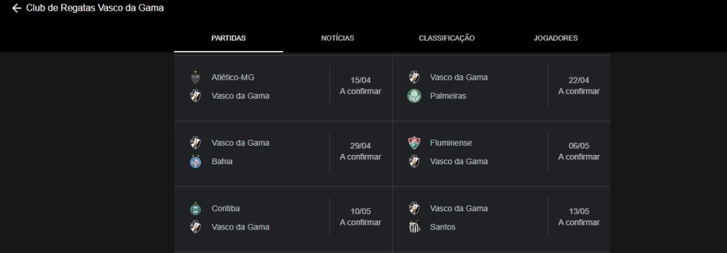 A classificação da série A do Brasileirão e os próximos jogos.