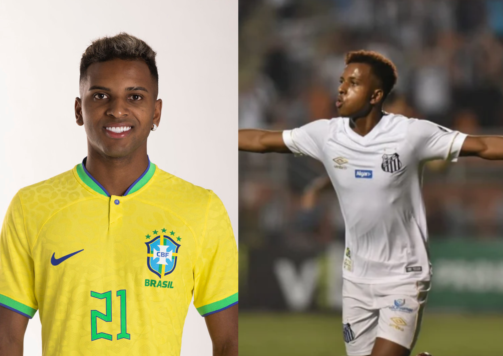 Além de ser grande destaque, Rodrygo assinou contrato com a Nike aos 11 anos de idade. Fotos: Lucas Figueiredo/CBF e Ivan Storti/Santos FC