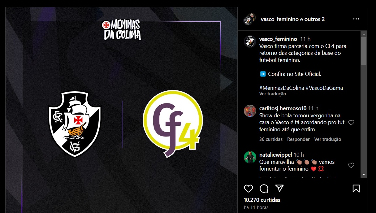 Vasco firma parceria com CF4 para retorno das categorias de base do futebol feminino