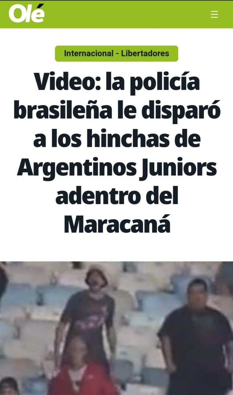 jornal olé destacou briga entre PM do Rio de Janeiro e torcedores do Argentinos Juniors