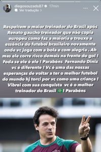 Diego Souza elogia Fernando Diniz nas redes sociais, após conquista da Recopa Sul-Americana — Foto: André Durão