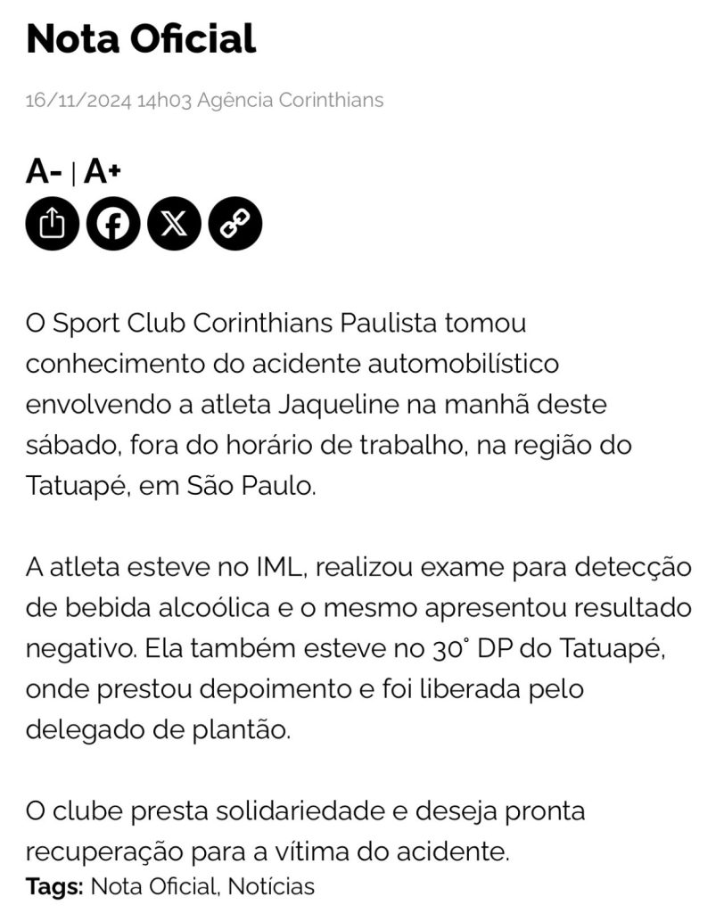 Nota oficial do Corinthians