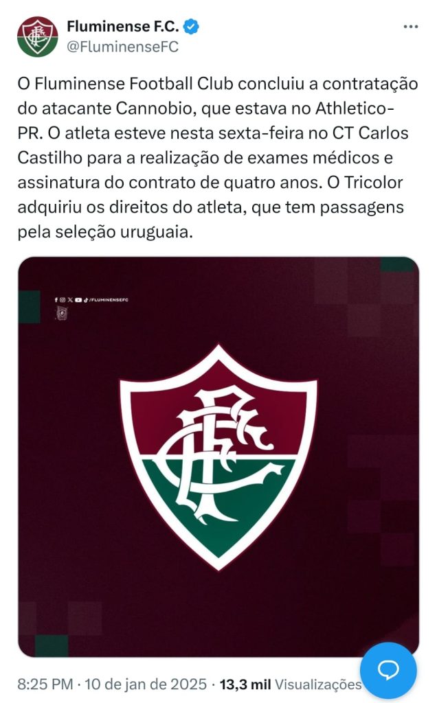 Post original do Fluminense na contratação de Canobbio