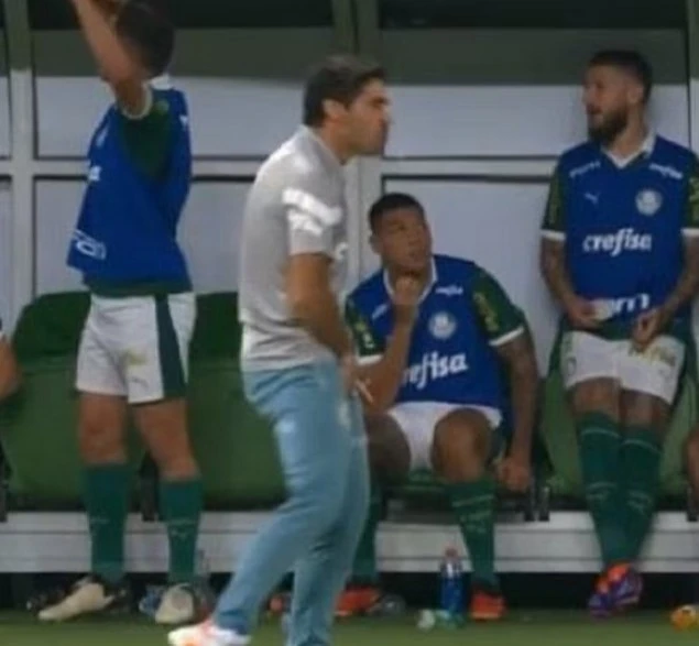 Abel Ferreira faz gesto obsceno na beira do campo durante partida da Copa do Brasil 2024, contra o Flamengo. Foto: Reprodução