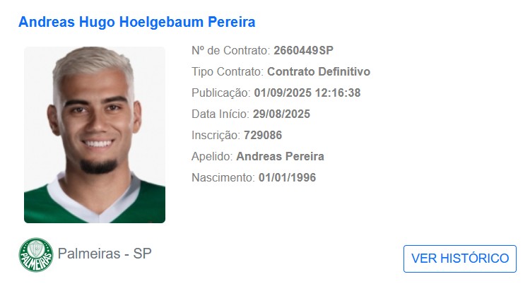 Andreas Pereira é regularizado no BID da CBF e já pode estrear pelo Palmeiras. Foto: Reprodução/CBF