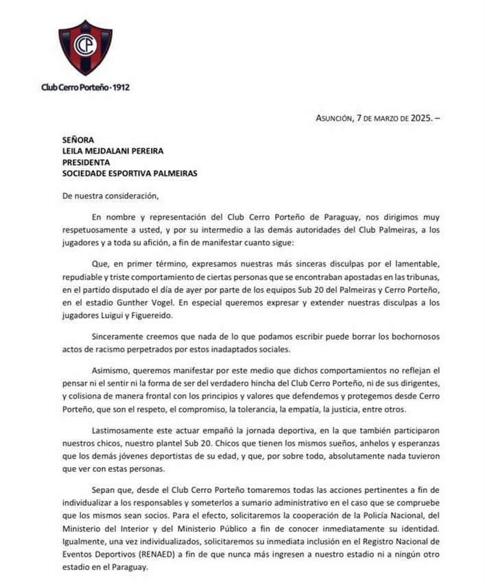 Cerro Porteño envia carta à Leila Pereira e pede desculpas à Luighi e Figueiredo por episódio de racismo no Paraguai. Foto: Reprodução/Cerro Porteño