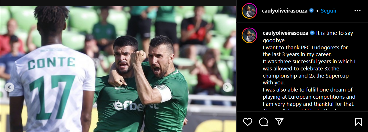 Cauly se despede de clube búlgaro antes do anúncio oficial do Bahia. Foto: Reprodução/Instagram