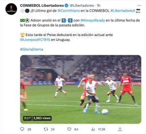 A Conmebol chamou o Corinthians de "Peixe" em uma postagem