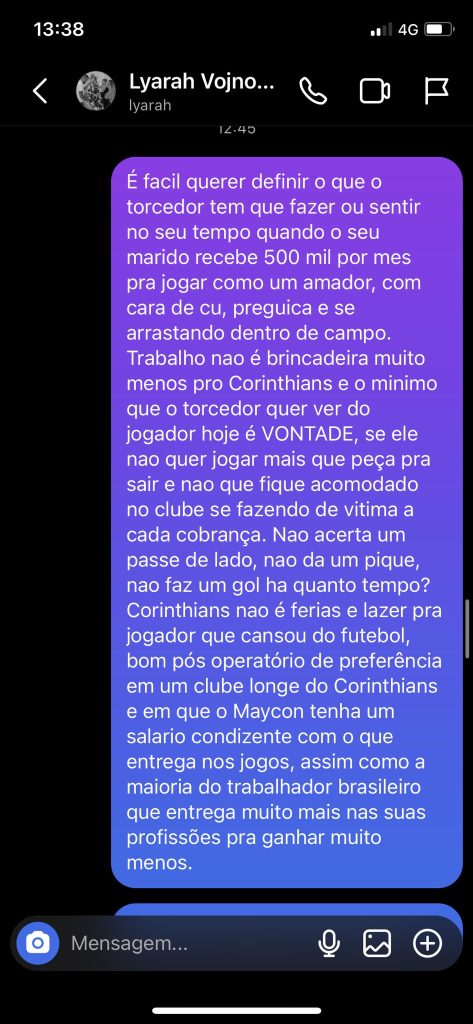 Conversa entre torcedor do Corinthians e esposa do volante Maycon. Foto: Reprodução/Twitter