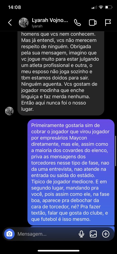 Conversa entre torcedor do Corinthians e esposa do volante Maycon. Foto: Reprodução/Twitter