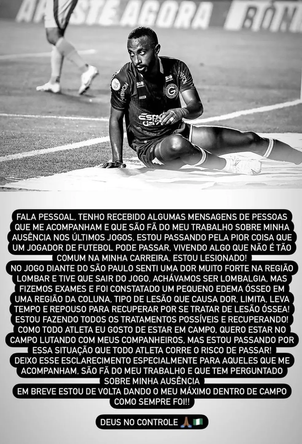 Diego explica ausência em jogos do Goiás em seu Instagram. Foto: Reprodução/Instagram