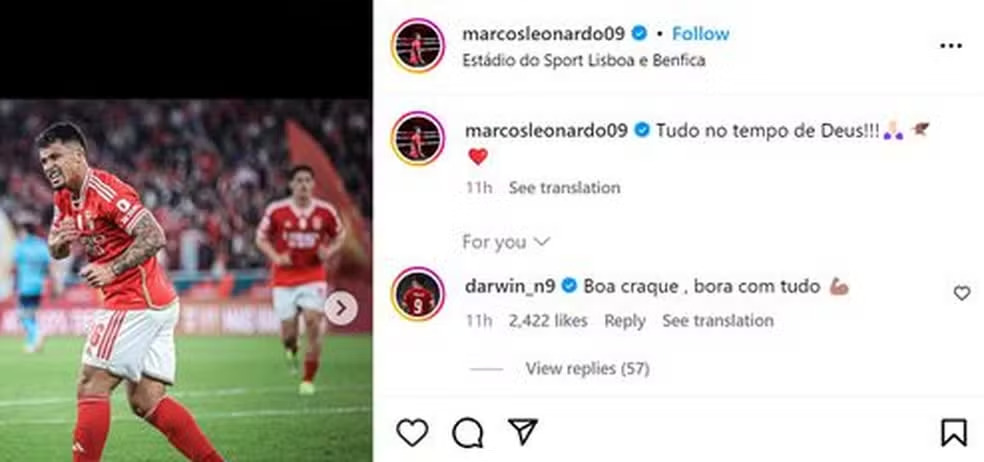 Darwin Nuñez elogia Marcos Leonardo após gol pelo Benfica — Foto: Reprodução