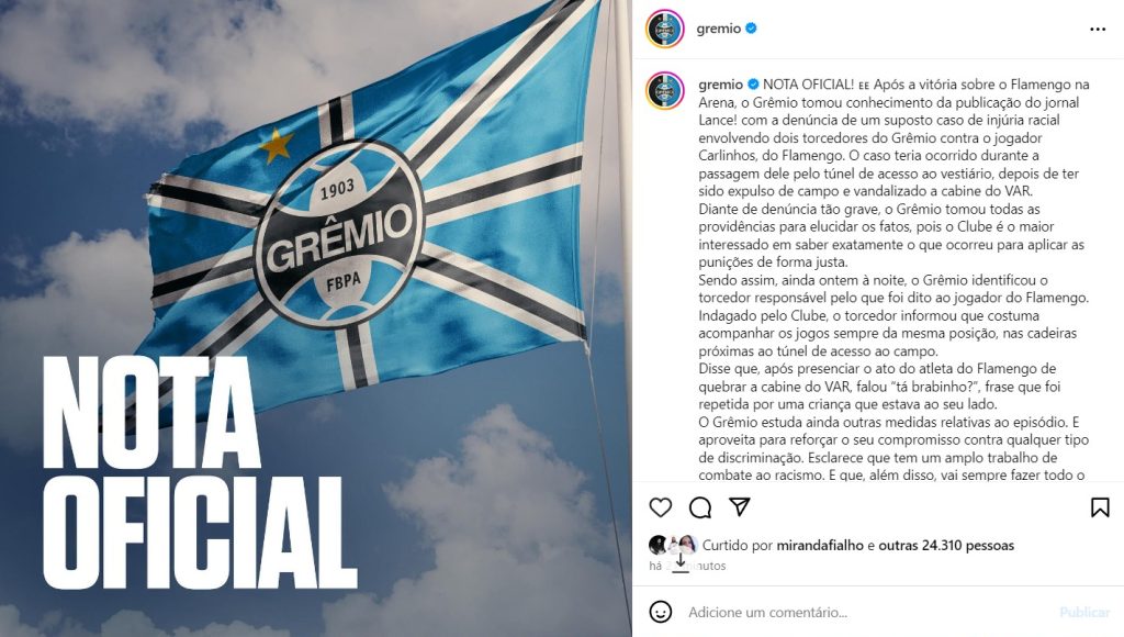 Nota do Grêmio sobre racismo