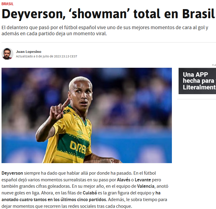 Deyverson é destaque no jornal espanhol AS. Foto: Reprodução/AS