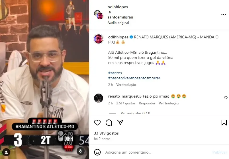 Renato Marques comenta em publicação do humorista Diih Lopes "cobrando" a promessa. Foto: Reprodução/Instagram