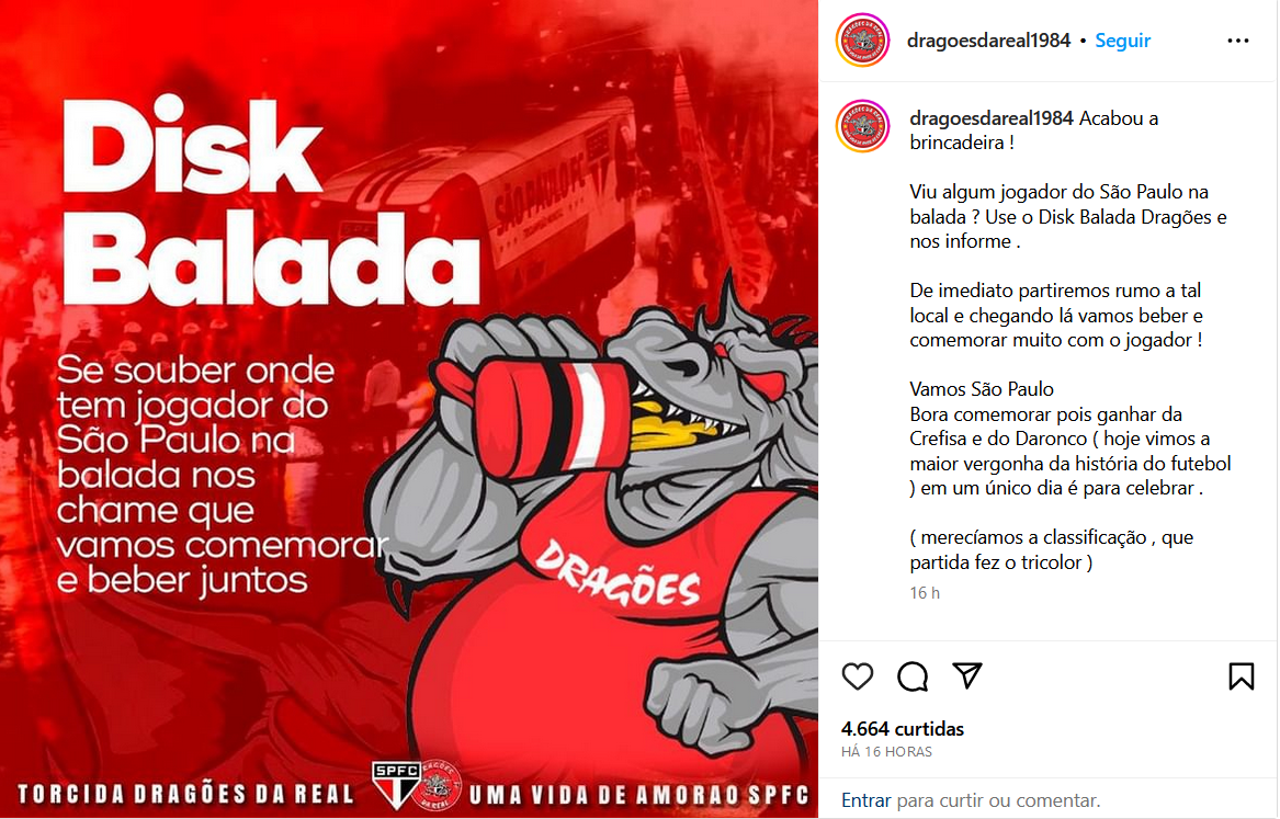 Organizada do São Paulo faz "disk balada" após classificação na Copa do Brasil. Foto: Reprodução/Instagram