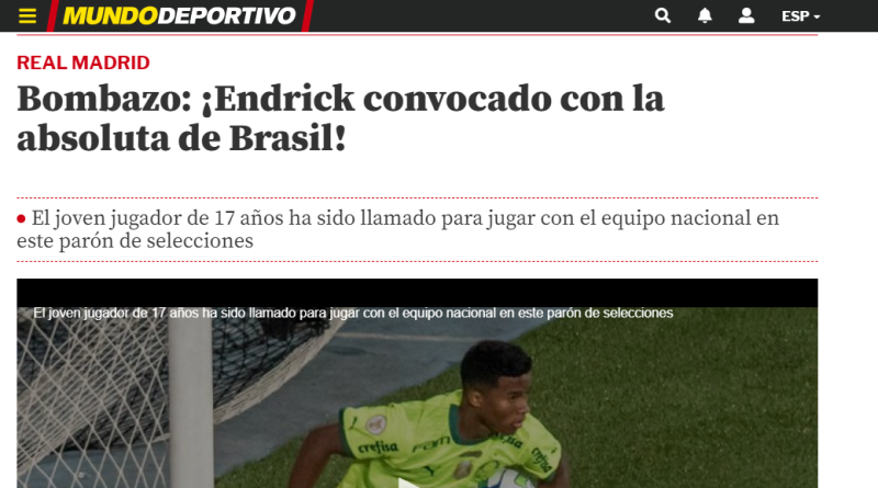 Manchete do Mundo Deportivo sobre convocação de Endrick