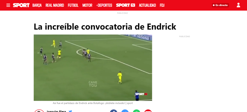 Manchete do Sport sobre convocação de Endrick