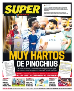 Nova capa do jornal Superdeporte, de Valência, chamando Vinicius Junior de Pinóquio após Prêmio Sócrates na Bola de Ouro — Foto: Divulgação