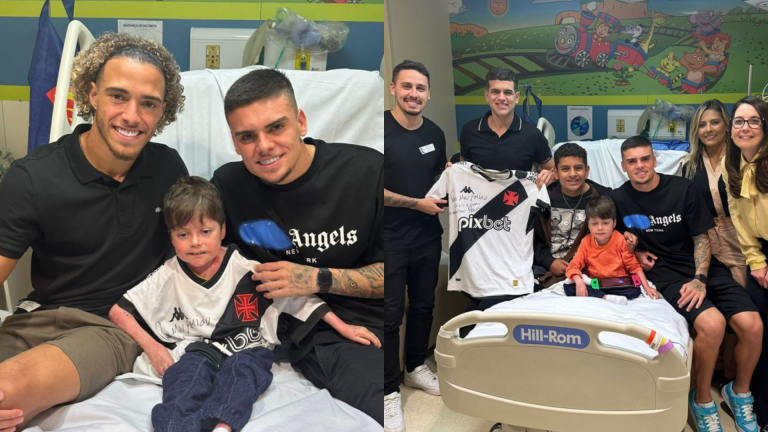 Figueiredo, Gabriel Pec (Vasco) e Rodrigo Dinamite visitam Guilherme no hospital. Foto: Reprodução/Instagram