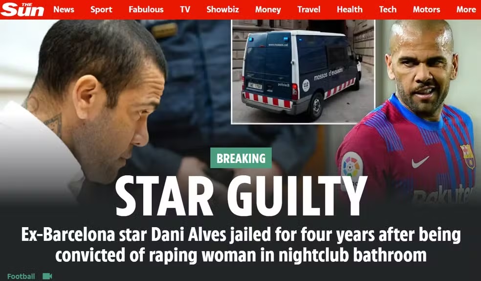 The Sun estampa na primeira a condenação de Daniel Alves