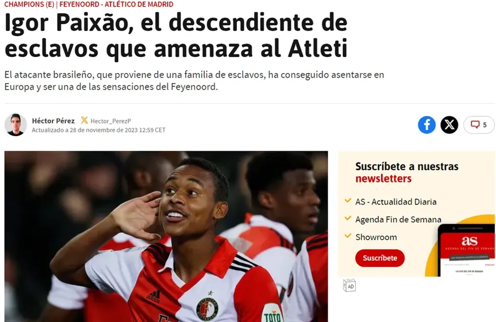 Jornal espanhol "As" chama Igor Paixão de "descendente de escravos" antes de Atlético de Madrid x Feyenoord — Foto: Reprodução