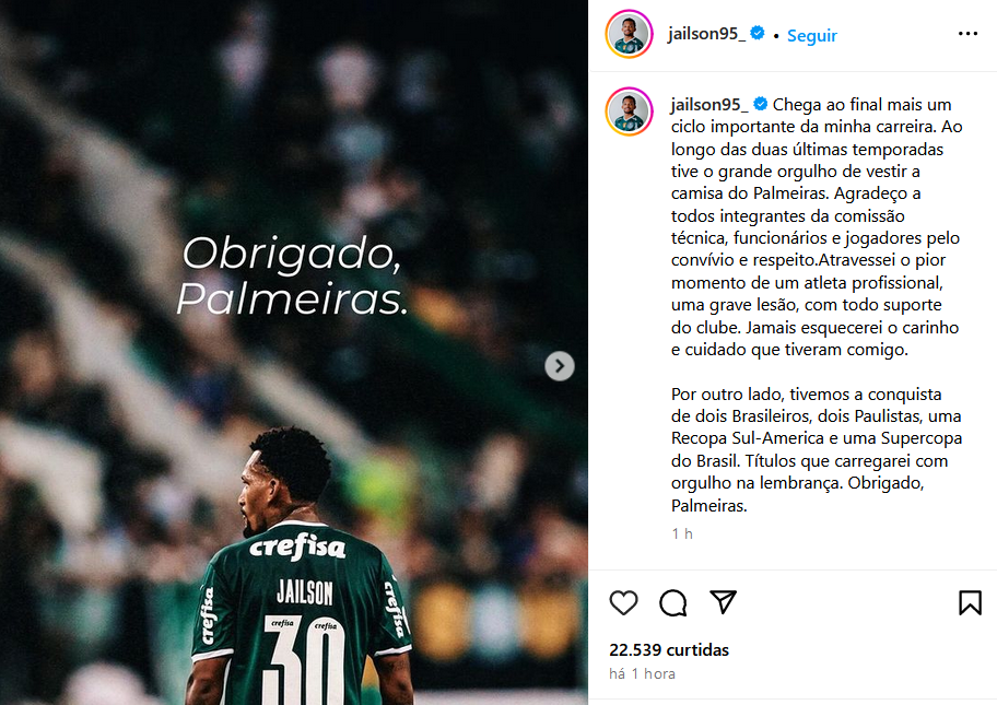 Jailson se despede do Palmeiras em publicação no Instagram. Foto: Reprodução/Instagram