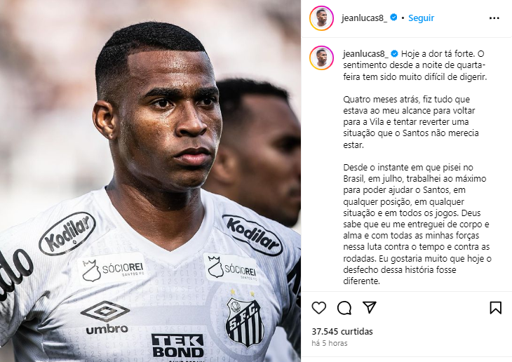 Postagem de Jean Lucas após queda do Santos
