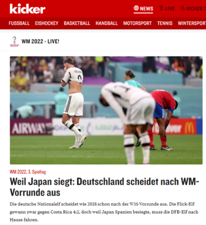Manchete do "Kicker" após eliminação da Alemanha na Copa de 2022