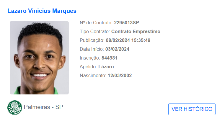 Lázaro Vinícius, atacante do Palmeiras, regularizado no BID. Foto: Reprodução/CBF