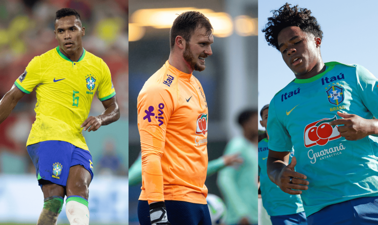 Alex Sandro, Lucas Perri e Endrick estão no centro da imagem vestindo a camisa da Seleção Brasileira