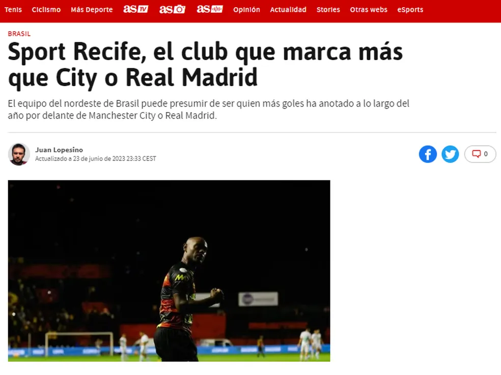 Matéria do jornal espanhol AS traz destaque para Sport. Foto: Reprodução/AS