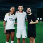 Ludmilla, Allan Stag e Matheus Bueno, presidentes e jogador do Real Elite, time da Kings League